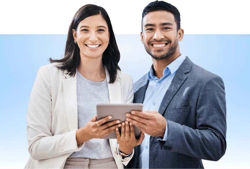 Two professionals looking at a tablet together